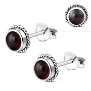 6pairs, Garnet Round Stud Silver Earrings - e369